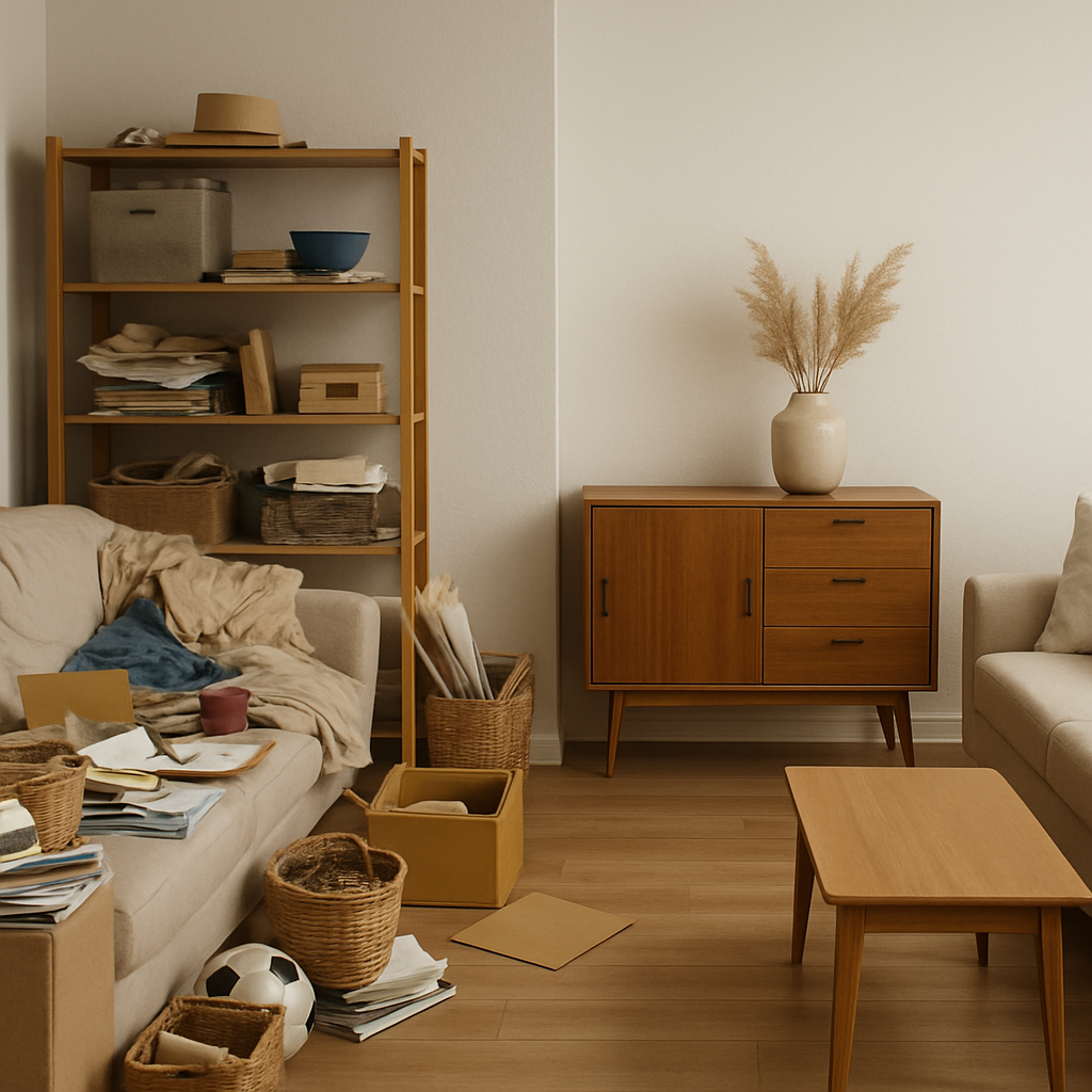Cluttered living space before decluttering