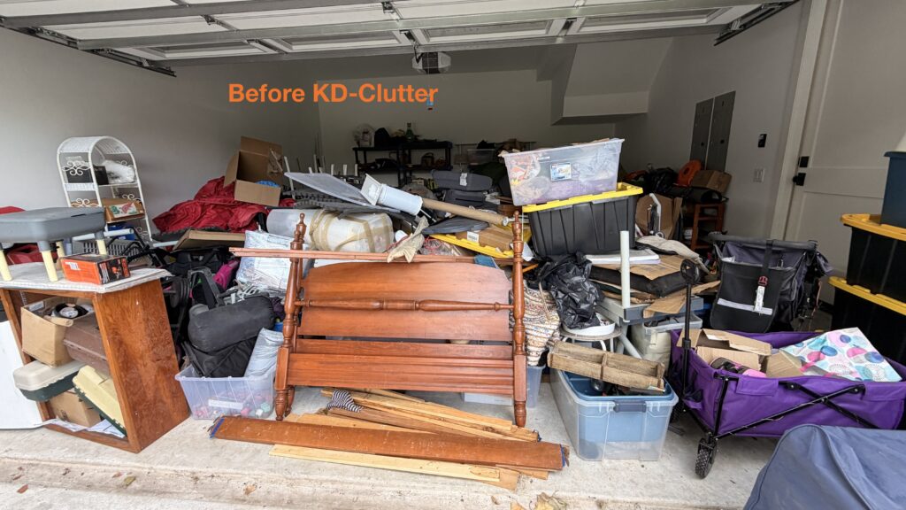 cluttered garage full of furniture and boxes, a common source of clutter arguments between partners